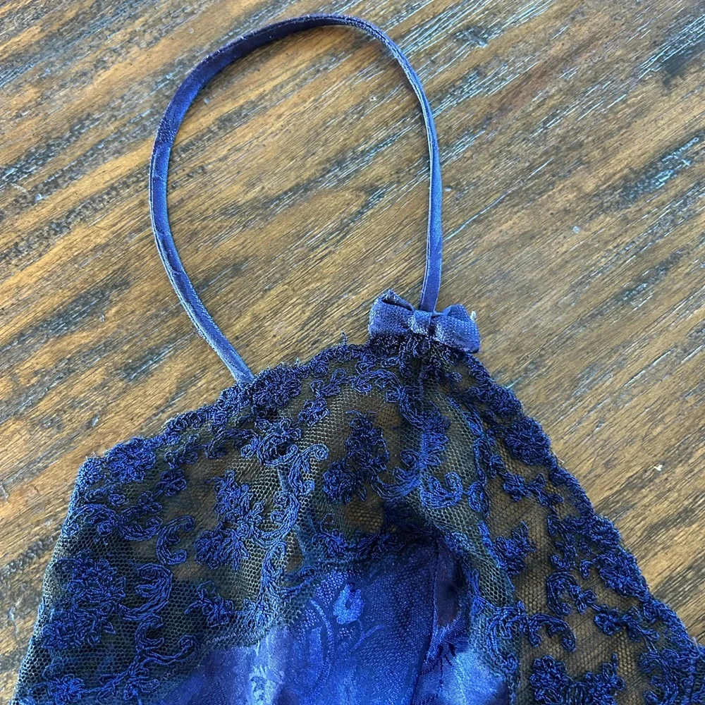 Victorias Secret Vintage Gold Label Midnight Blue Coquette Bow Satin Slip Dress - Picture 6 of 8